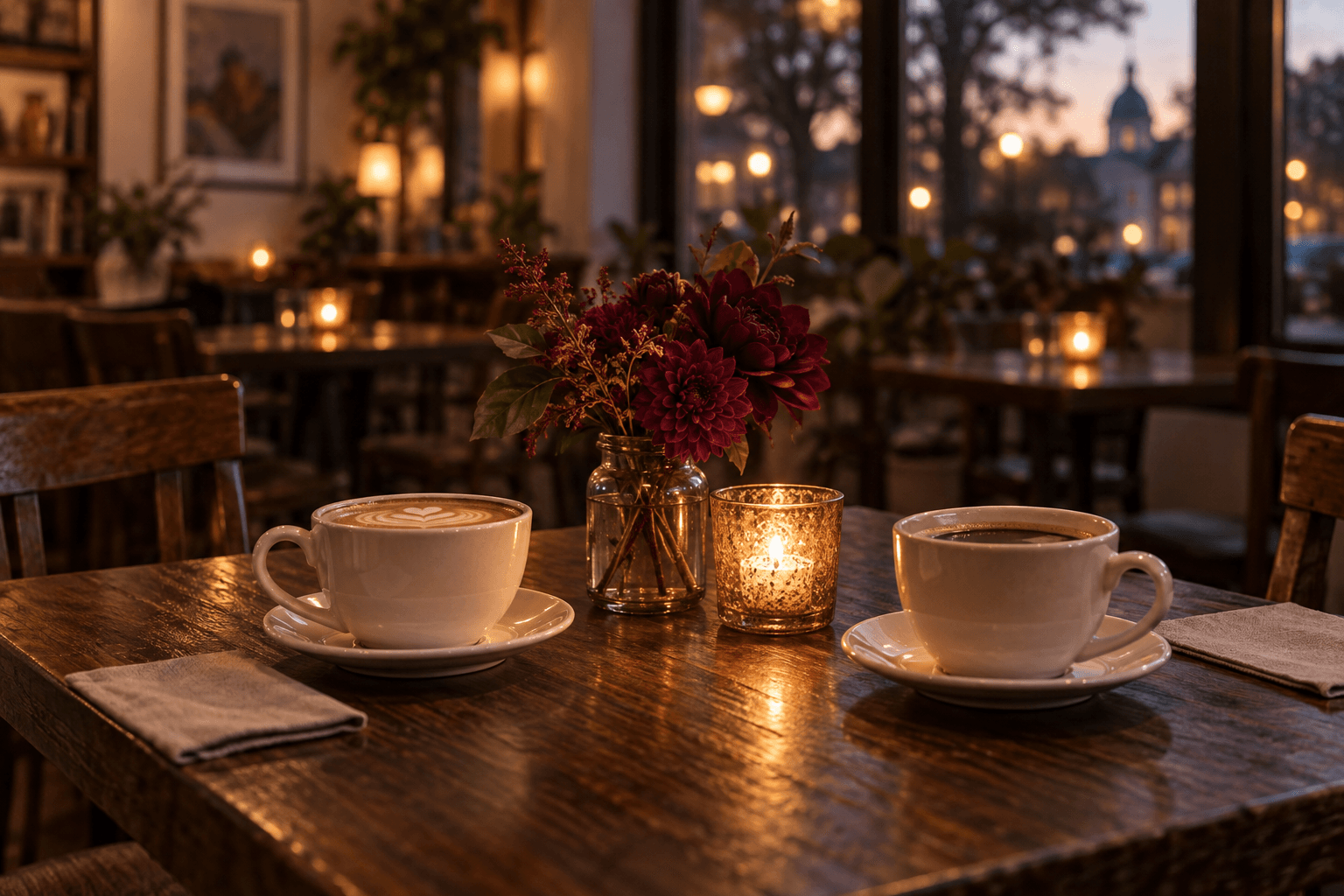 Two cups of coffee and flowers on a warmly lit café table